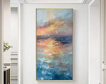 Large Knife painting,Original canvas painting,Abstract painting,Sunset ocean painting,Living room wall art,corridor decoration painting