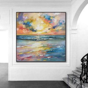 Large abstract painting,Blue Ocean painting,orange Sunshine Sea Painting,Original canvas Abstract Wall Art,Golden sky Sunset ocean painting