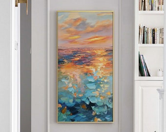 Large Ocean painting,Abstract painting,Sunshine Sky Sea Painting,Original canvas Abstract Wall Art,gold sunset Texture,Sunset ocean painting