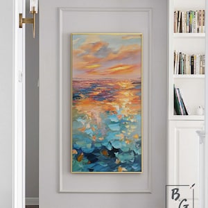 Gran pintura oceánica, pintura abstracta, pintura de sol, cielo y mar, lienzo original, arte abstracto para pared, textura dorada de atardecer, pintura oceánica al atardecer