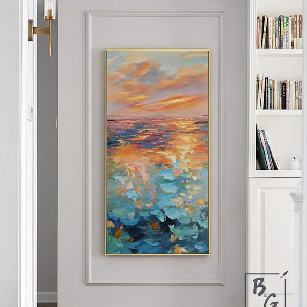 Large Ocean painting,Abstract painting,Sunshine Sky Sea Painting,Original canvas Abstract Wall Art,gold sunset Texture,Sunset ocean painting