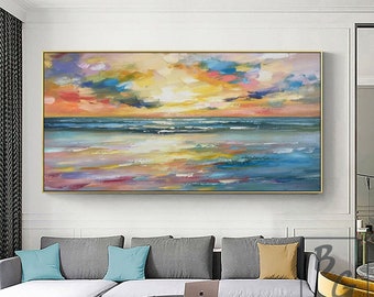 Blue Ocean painting,Large abstract painting,Gold sunset sea view,Sunshine Sea Painting,Sofa wall art painting,Gold sky Sunset ocean painting