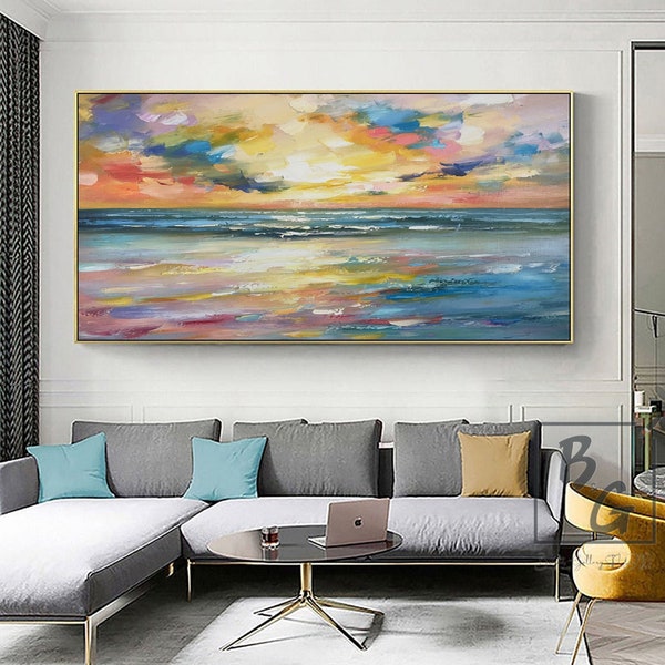 Blaue Ozean Malerei, große abstrakte Malerei, Gold Sonnenuntergang Meerblick, Sonnenschein Meer Gemälde, Sofa Wand Kunst Malerei, Gold Himmel Sonnenuntergang Ozean Gemälde