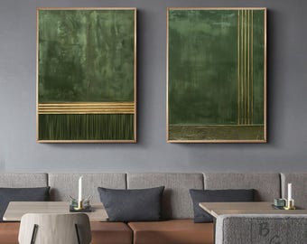 Green textured abstract art,Gold abstract wall art,Canvas 3D painting art,Diptych decorative painting,Sofa  wall art,knife painting art