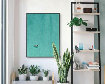 Minimalist Ocean Painting, Swimmer Artwork, Modern Coastal Wall Art, Abstract Sea Decor, Calm Water Painting, Contemporary Home Decor