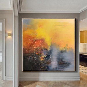 Yellow Abstract Oil Painting On Canvas,Orange large abstract painting,Minimalist abstract painting,Original Abstract Art,Grey oil painting