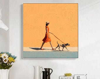 Modern minimalist decorative painting,Orange Lady Walking Dog Painting,Minimalist dog walker print,Living room wall art,Handmade Art Gift