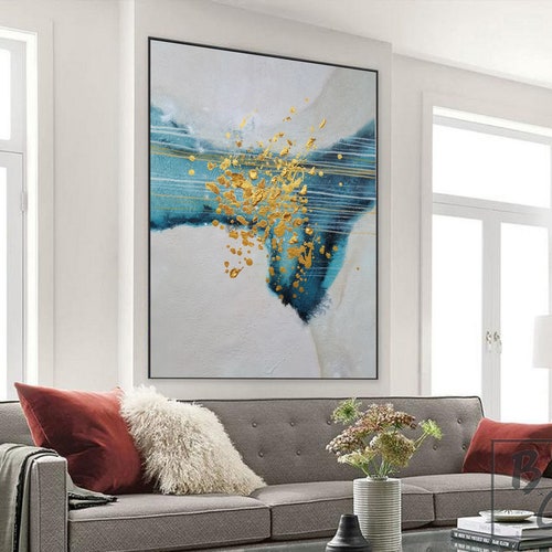 Large Blue abstract painting,Green Paintings on Canvas,gold Modern hand painting,Textured original abstract shops painting,Blue abstract painting