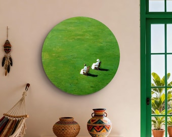 Round Green Meadow Figurative Oil Painting, Two Ladies On Lawn Chairs Wall Art, Minimalist Vintage Garden Decor, Green Handmade Art Gift