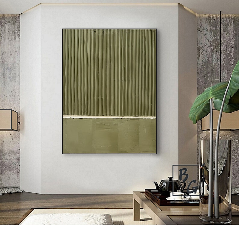 Beige textuur kunst, groot groen abstract schilderij, kunst aan de lichtgroene muur, groene moderne minimalistische kunst, kunst aan de muur sofa, origineel abstract schilderij afbeelding 6