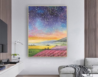 Oljemålning med stjärnklar nattlandskap, färgglad blommafält berg väggkonst, solnedgång stjärnhimmel impasto kanvas, handgjord natur heminredning present