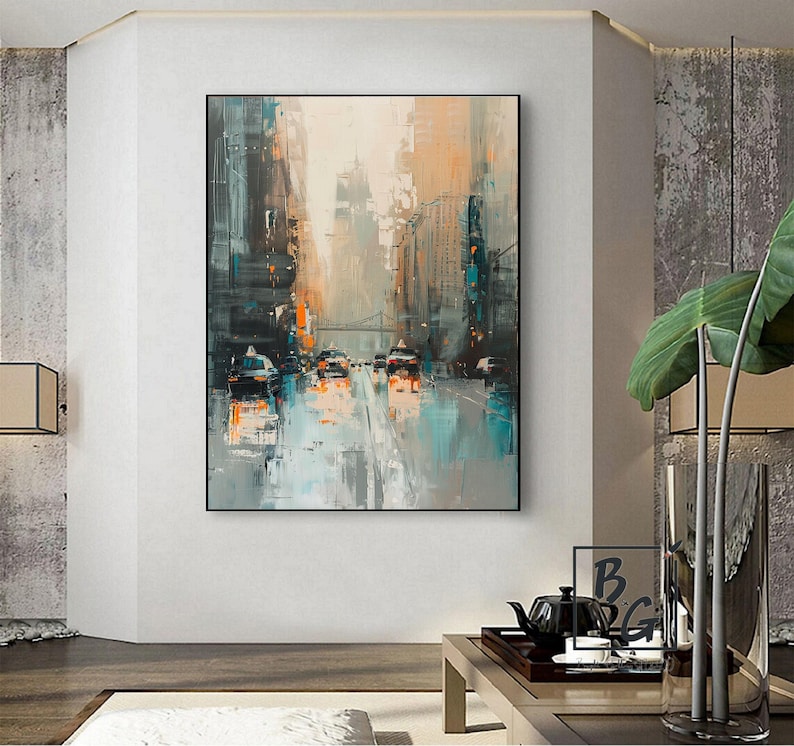 Urban Abstract Painting,green City Abstract Painting,beige Modern City ...