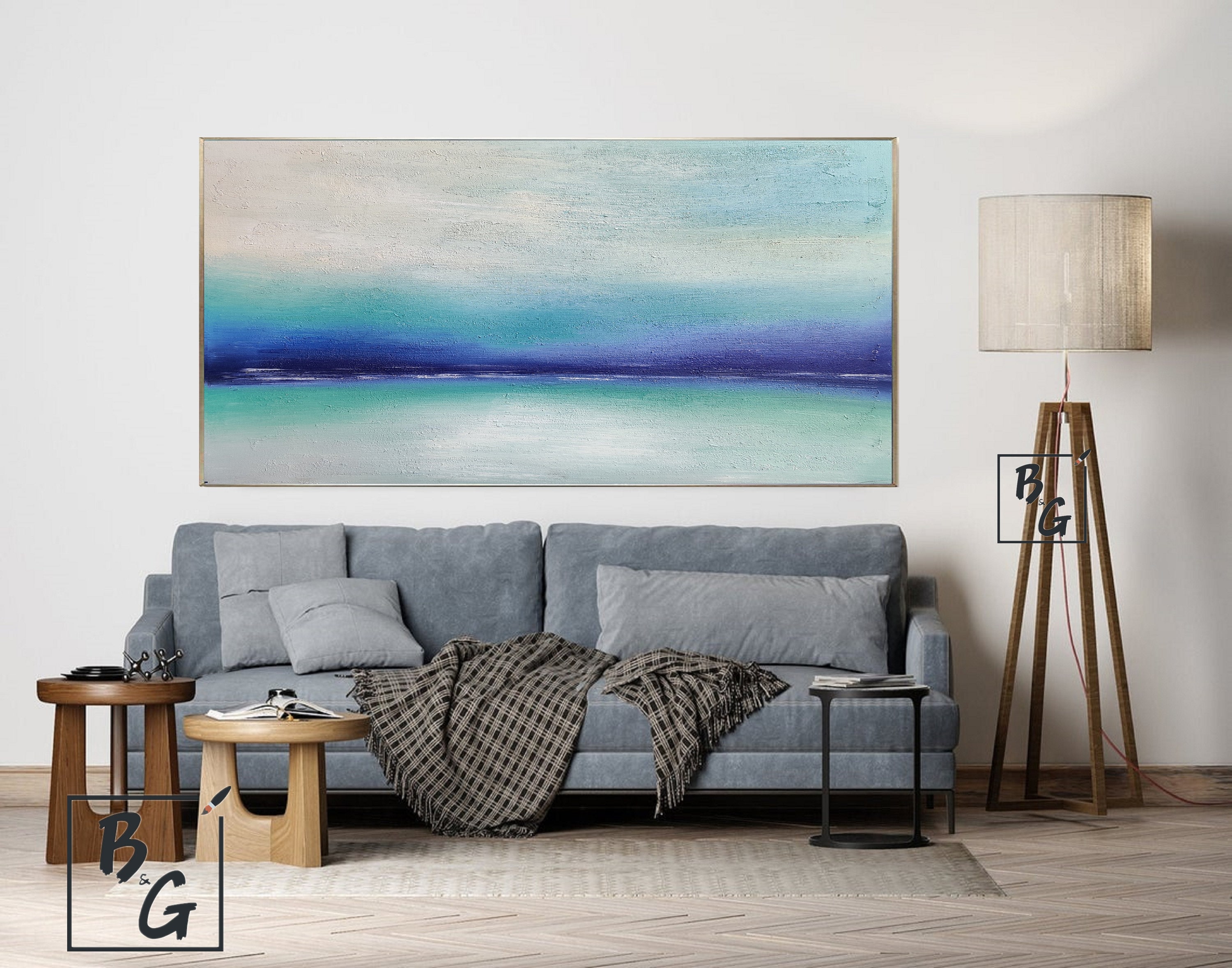 Blue Sea Abstract Artlarge Ocean Canvas Oil Etsy