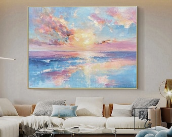 Sunset ocean painting,Blue Ocean painting,Large abstract painting,Gold Sunshine Sky Sea Painting,Handmade oil painting,Pink purple clouds