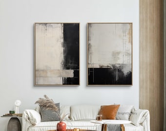 Modern Minimalist Painting,Black White Abstract Diptych,Hand Painted Textured Wall Art,Original Canvas Art,Price for two paintings