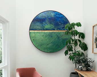 Blue Green Textured Wall Art,Round Abstract Oil Painting,Hand Painted Modern Home Decor,wall art decor,handmade oil art,Original Home Decor