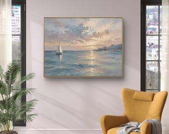 Sailboat Seascape Oil Painting,Sunset Ocean Wall Art,Textured Coastal Landscape,Handmade Home Decor,Sky Coastal Canvas,Handmade painted art