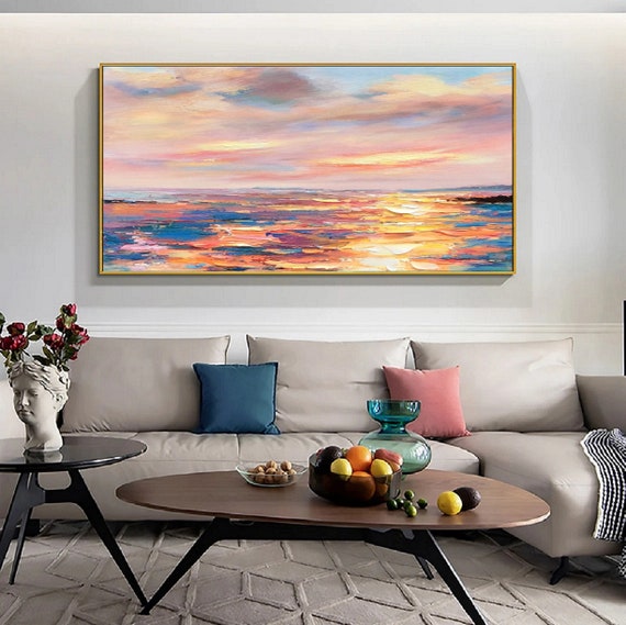 Ocean abstract art, hand-knife painting,golden sunset oil painting,original ocean art,sofa wall art,Customized size and color can be changed