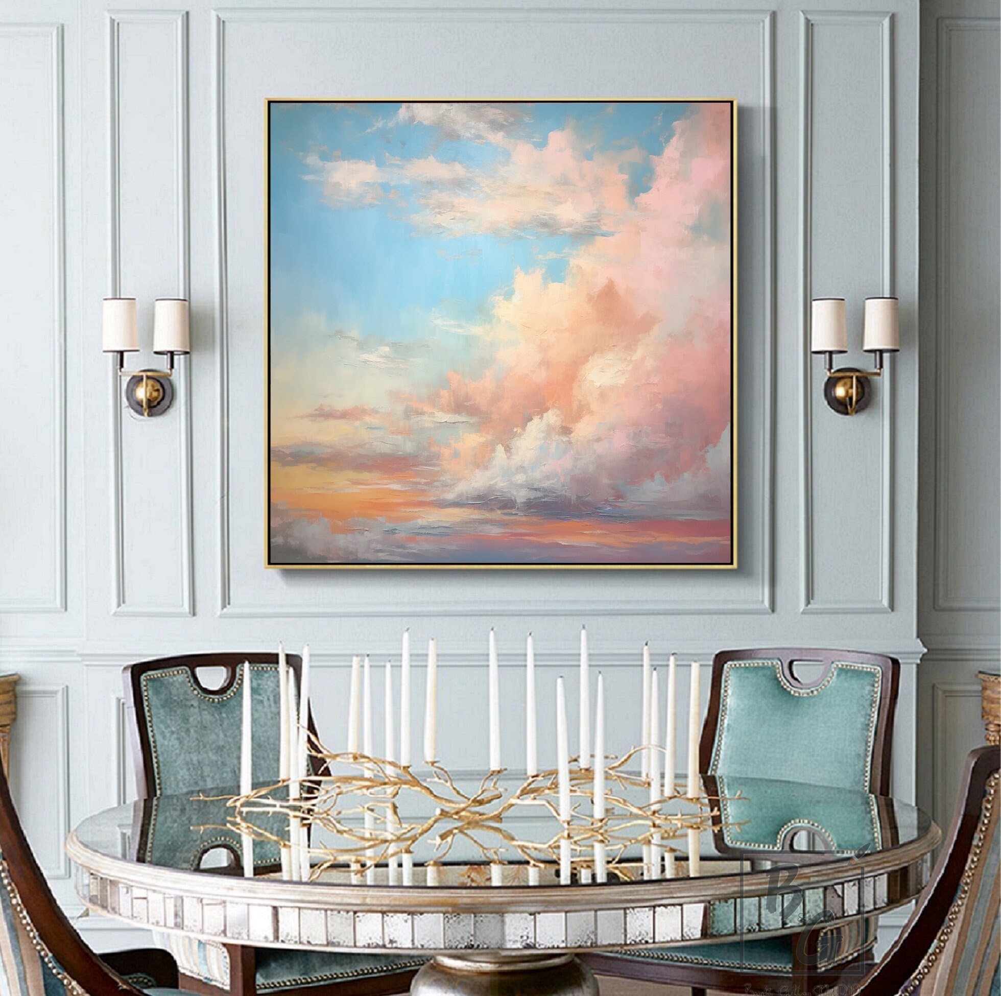 Rosy Clouds,blue Sky Abstract Painting,pink Sky,texture Knife