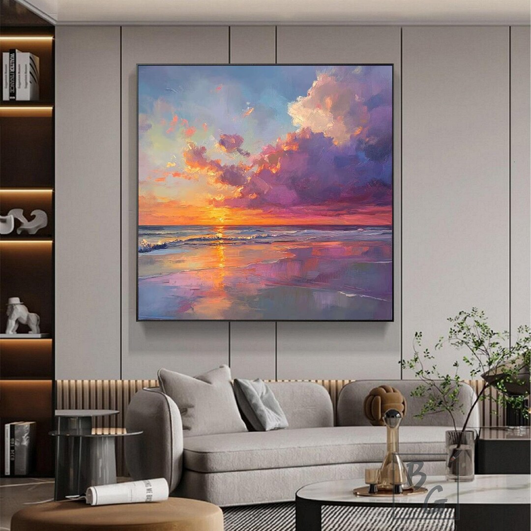 Pink Sunset Ocean Abstract Painting,purple Ocean Painting Art,canvas ...