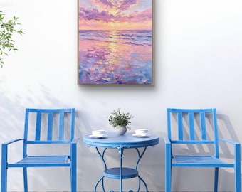 Purple Pink Sunset Seascape Oil Painting,Impasto Impressionist Ocean Wall Art,Dreamy Coastal Home Decor,Handmade Modern Knife Painting Art