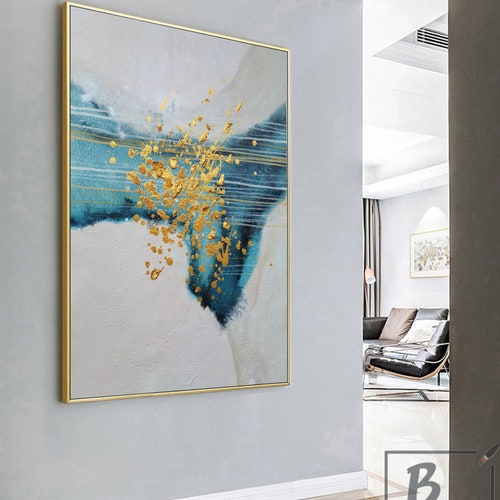 Large Blue abstract painting,Green Paintings on Canvas,gold Modern hand painting,Textured original abstract shops painting,Blue abstract painting