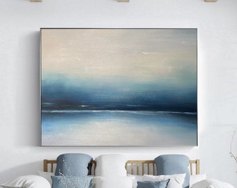 Dark Green ocean abstract painting,Beige Sea Abstract painting,Blue Minimalist Ocean Painting Canvas,Large Sky landscape abstract painting