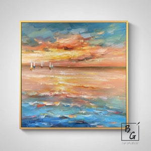 Sunset Landscape Art Painting,Gold Sunshine,Sea Painting Art,Blue Ocean,Large abstract painting,Paintings on canvas,Sunset ocean painting