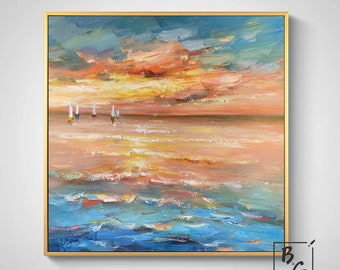 Sunset Landscape Art Painting,Gold Sunshine,Sea Painting Art,Blue Ocean,Large abstract painting,Paintings on canvas,Sunset ocean painting