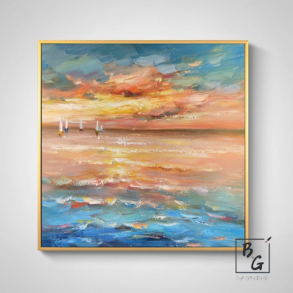 Sunset Landscape Art Painting,Gold Sunshine,Sea Painting Art,Blue Ocean,Large abstract painting,Paintings on canvas,Sunset ocean painting