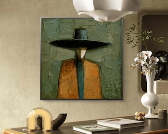 Abstract Cowboy Portrait Oil Painting,3D Textured Western Figure Wall Art,Neutral Rustic Home Decor,Handmade Art Gift,Modern wall decoration