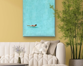 Minimalist Ocean Painting, Swimmer Artwork, Modern Coastal Wall Art, Abstract Sea Decor, Calm Water Painting, Contemporary Home Decor