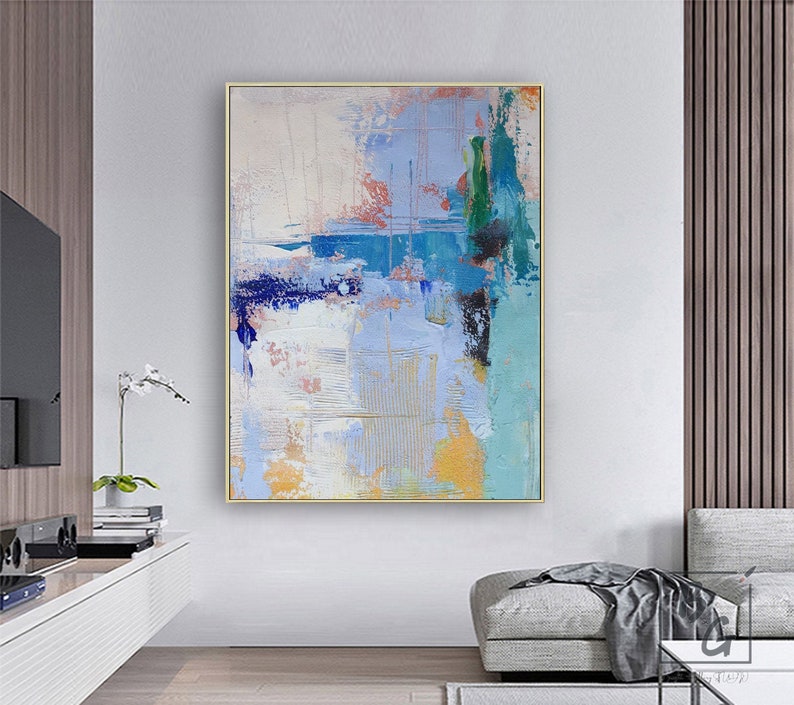 Blue Art Beige abstract painting,Pink abstract Paintings on Canvas,Gradient oil painting,Textured original painting,Sofa wall art painting image 2