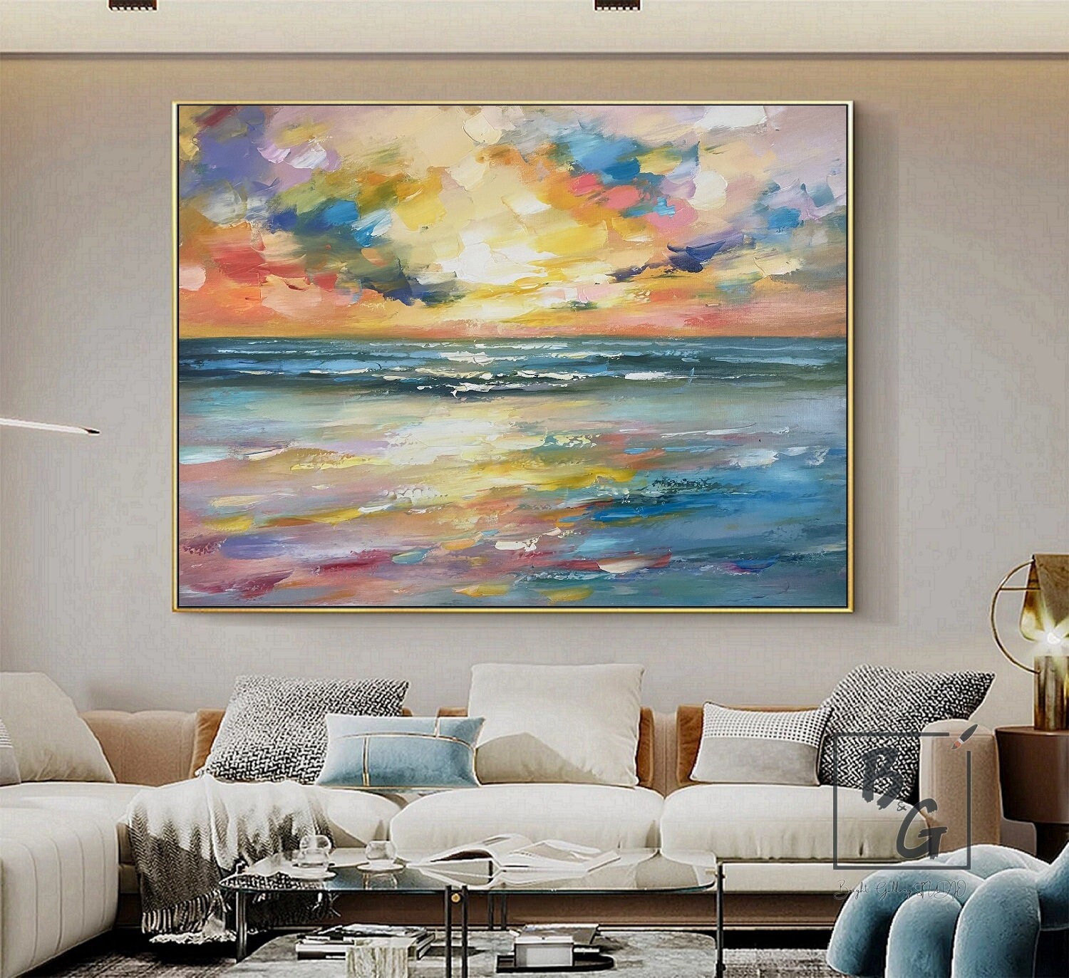 Blue Ocean Paintinglarge Abstract Paintingorange Sunshine Etsy UK