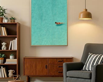 Minimalist Ocean Painting, Swimmer Artwork, Modern Coastal Wall Art, Abstract Sea Decor, Calm Water Painting, Contemporary Home Decor