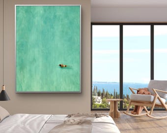Minimalist Ocean Painting, Swimmer Artwork, Modern Coastal Wall Art, Abstract Sea Decor, Calm Water Painting, Contemporary Home Decor
