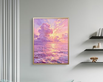Purple Pink Sunset Seascape Oil Painting,Impasto Impressionist Ocean Wall Art,Dreamy Coastal Home Decor,Handmade Modern Knife Painting Art