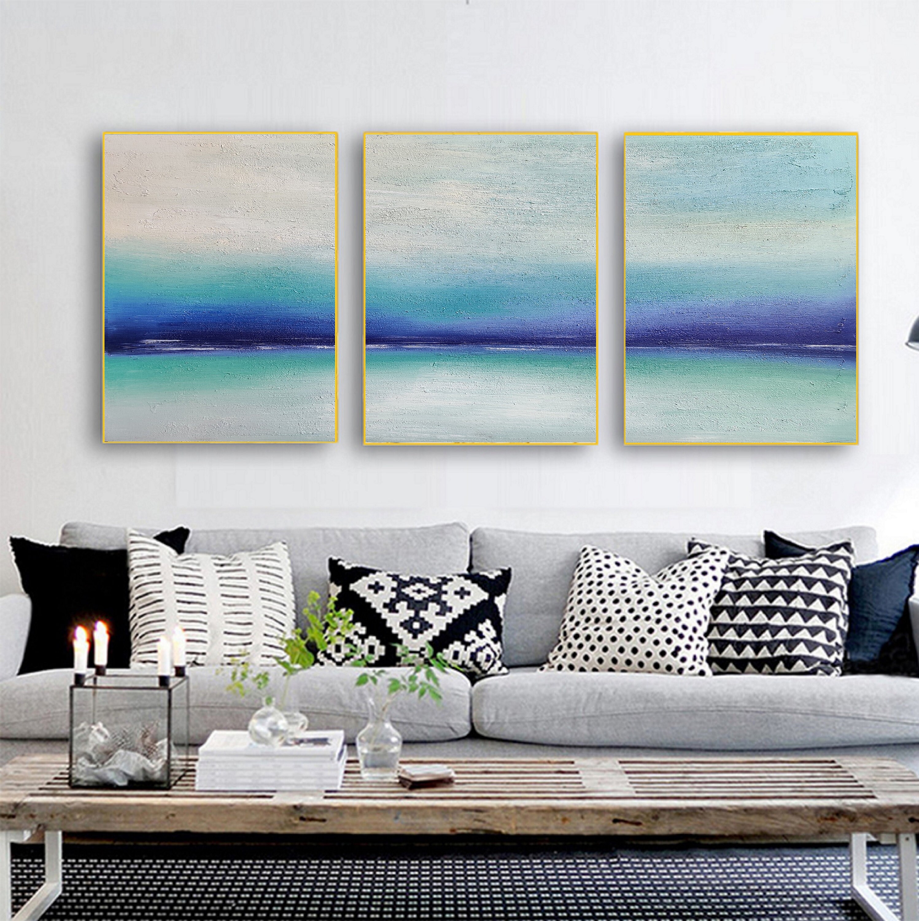 Blue Sea Abstract Artlarge Ocean Canvas Oil Etsy