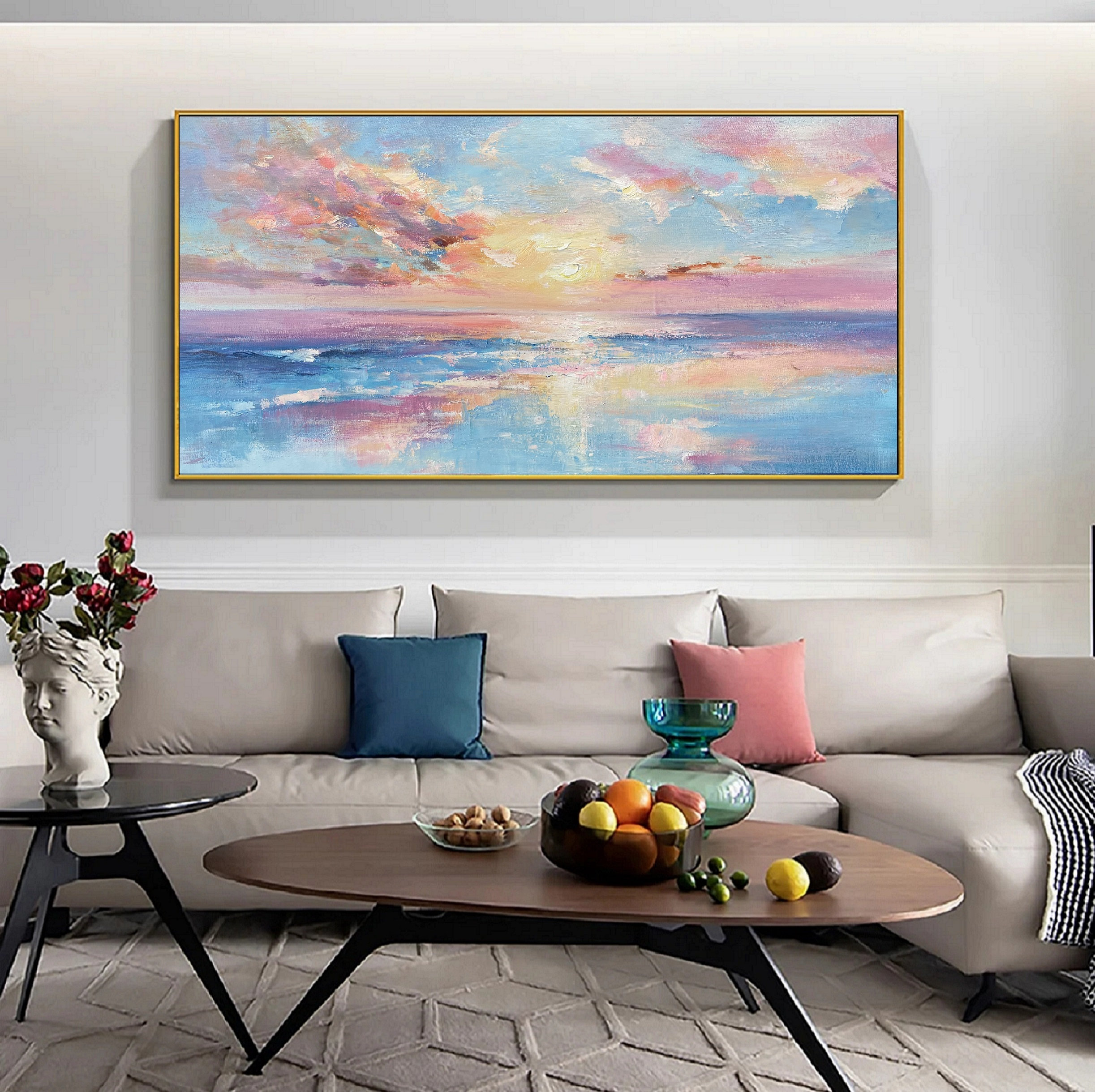 Sunshine Sea Painting,Blue Ocean painting,purple abstract painting,Sunset ocean painting,Pink clouds painting,Sunset at sea,Sofa wall art