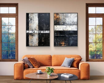 Black White Abstract Diptych,Hand Painted Textured Wall Art,Modern Minimalist Painting,Original Canvas Art,Price for two paintings