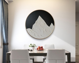 Round Textured White Snow Mountain Oil Painting, Minimalist Black Sky Mountain Wall Art, Neutral Wabi Sabi Landscape Decor,Handmade Art Gift