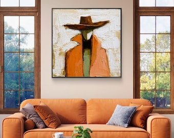 Abstract Cowboy Portrait Oil Painting,3D Textured Western Figure Wall Art,Neutral Rustic Home Decor,Handmade Art Gift,Modern wall decoration