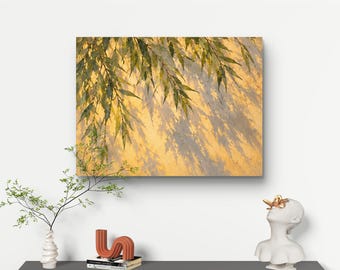 Sunlit Leaves Wall Art,Botanical Oil Painting,Textured Nature Painting,Warm Beige Wall Botanical Leaves Art,Handmade Canvas Wall Art
