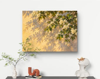 Floral Botanical Oil Painting,Sunlit White Flowers Wall Art,Textured Nature Artwork,Handmade Home Decor,Horizontal Impasto Wabi Sabi Decor