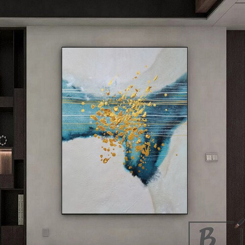 Large Blue abstract painting,Green Paintings on Canvas,gold Modern hand painting,Textured original abstract shops painting,Blue abstract painting