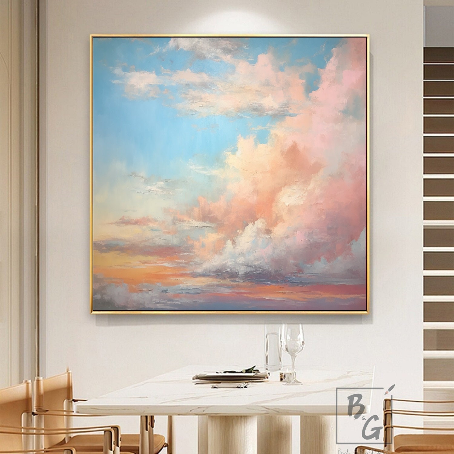 Rosy Clouds,blue Sky Abstract Painting,pink Sky,texture Knife