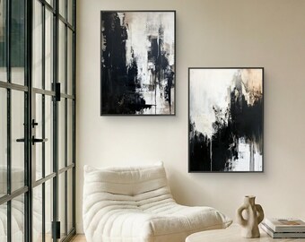 Black White Abstract Diptych,Hand Painted Textured Wall Art,Modern Minimalist Painting,Original Canvas Art,Price for two paintings