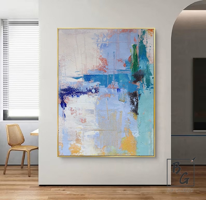 Blue Art Beige abstract painting,Pink abstract Paintings on Canvas,Gradient oil painting,Textured original painting,Sofa wall art painting image 1