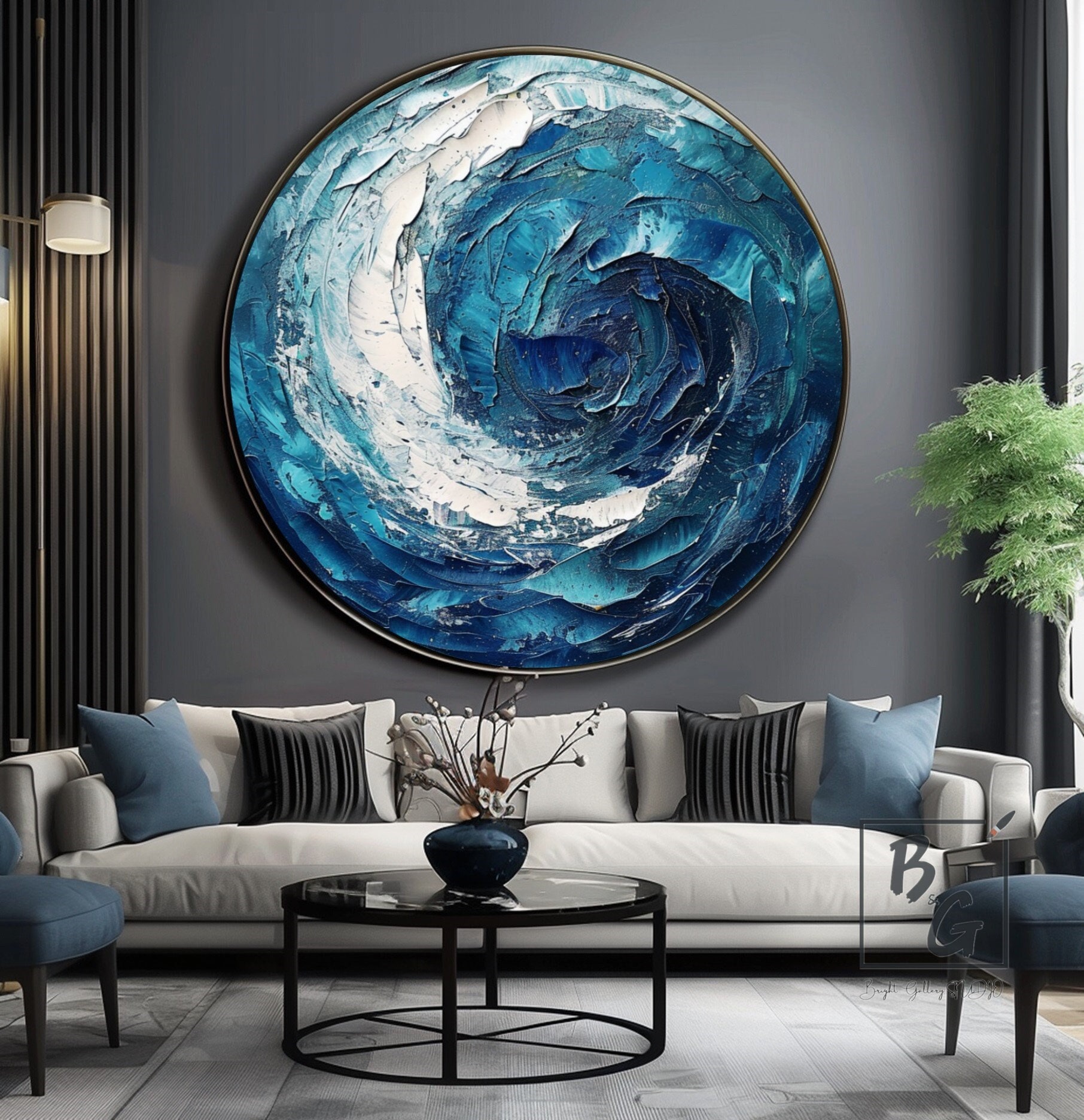 Circle abstract Paintings on canvas,Blue abstract painting,Vortex Abstract Art,Sofa wall painting,Fireplace decoration painting,Sea wave art