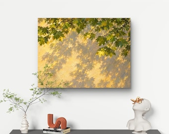 Botanical Oil Painting,Sunlit Leaves Wall Art,Textured Nature Painting,Warm Beige Wall Botanical Leaves Art,Handmade Canvas Wall Art